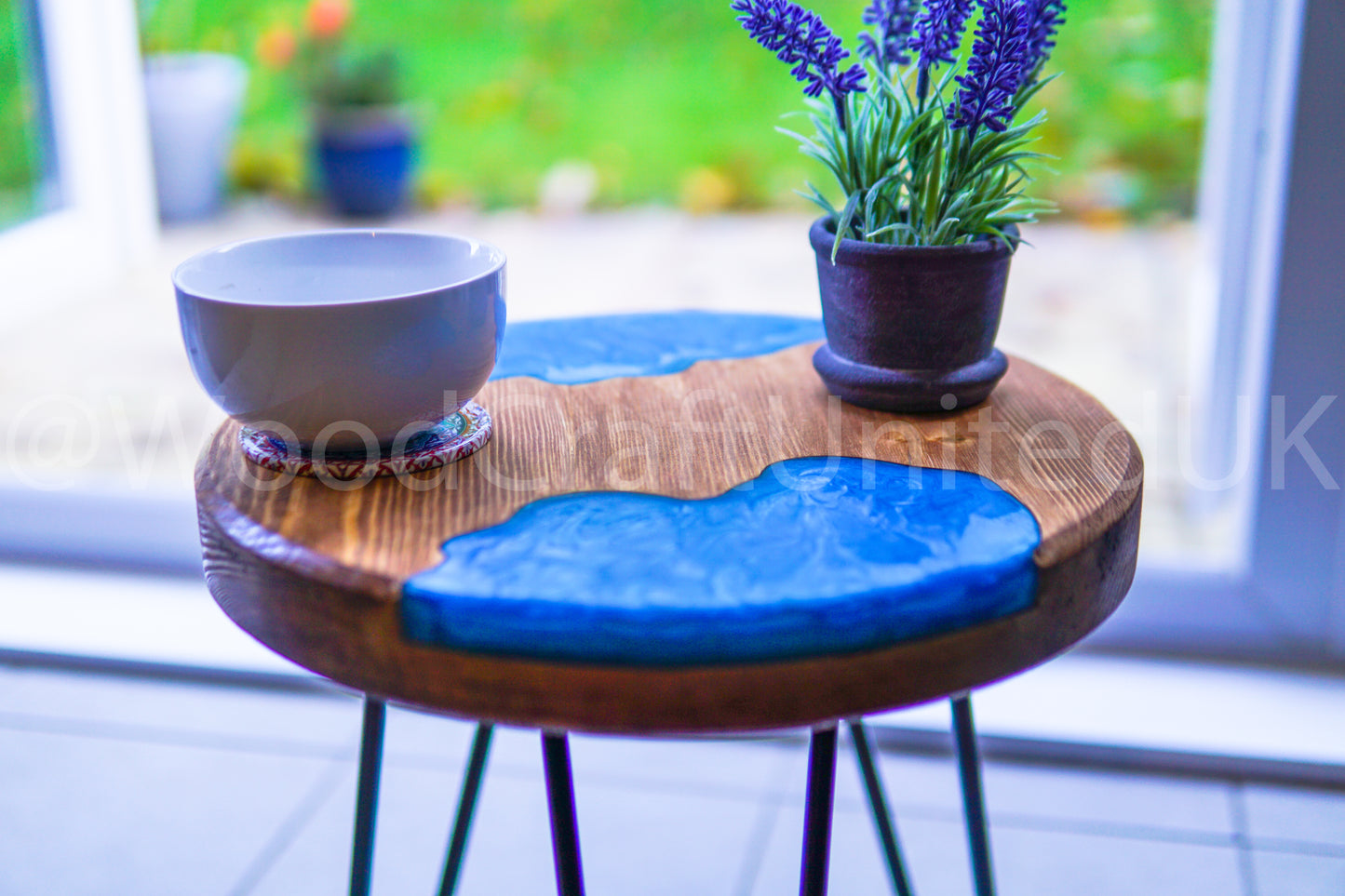 Artistic Round Epoxy Resin and Wood Side Table