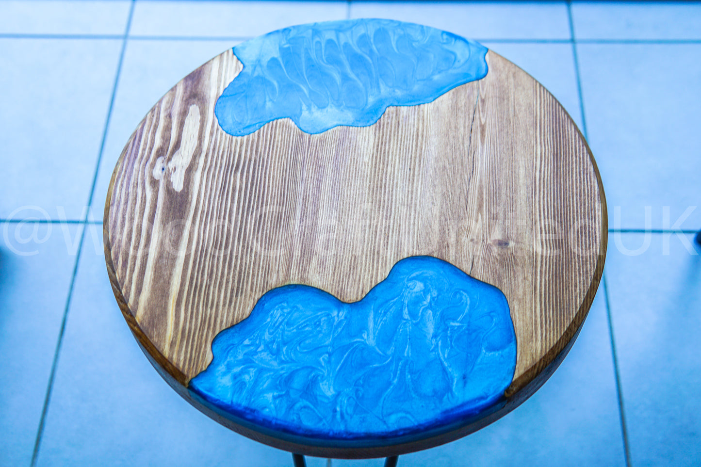 Artistic Round Epoxy Resin and Wood Side Table