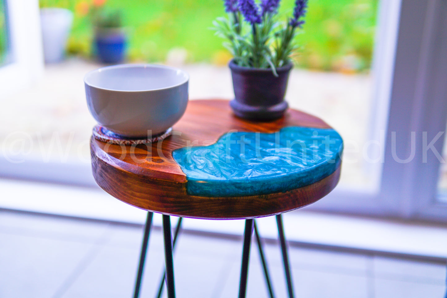Artistic Round Epoxy Resin and Wood Side Table