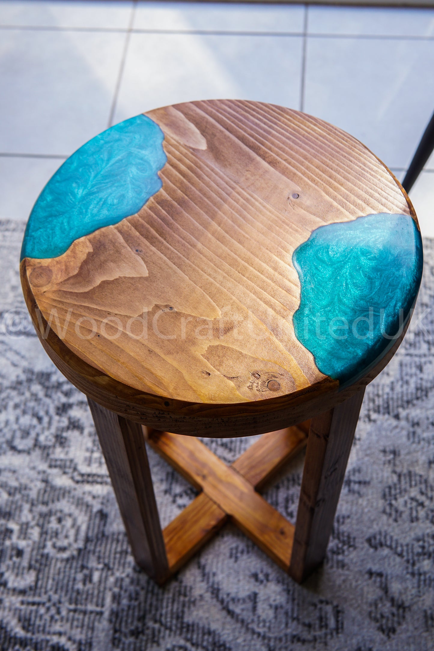 Artistic Round Epoxy Resin and Wood Side Table