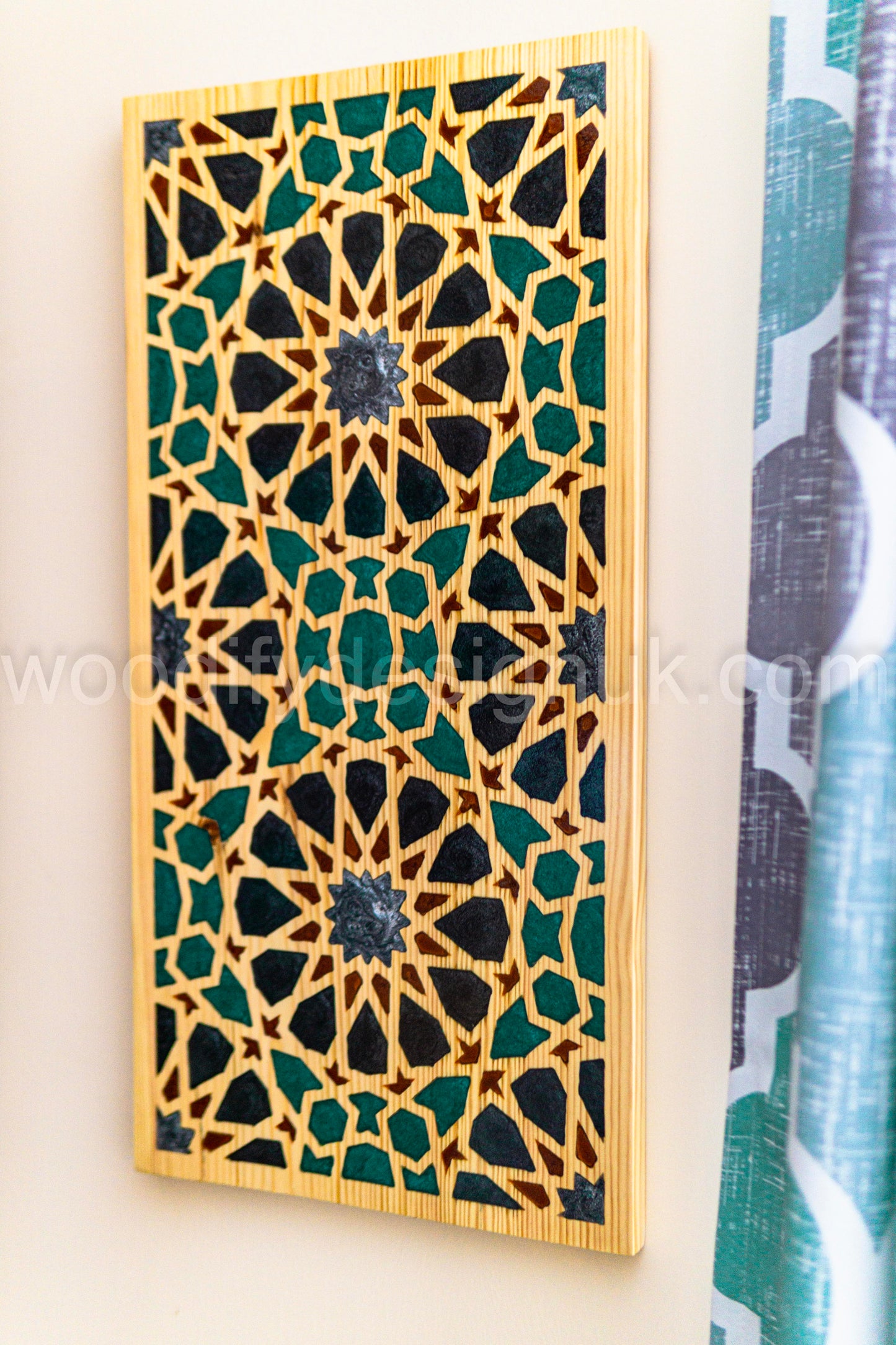 Moroccan Geometric Wall Art – Handmade Epoxy Inlay Panel - Resin Inlay Wood Art.