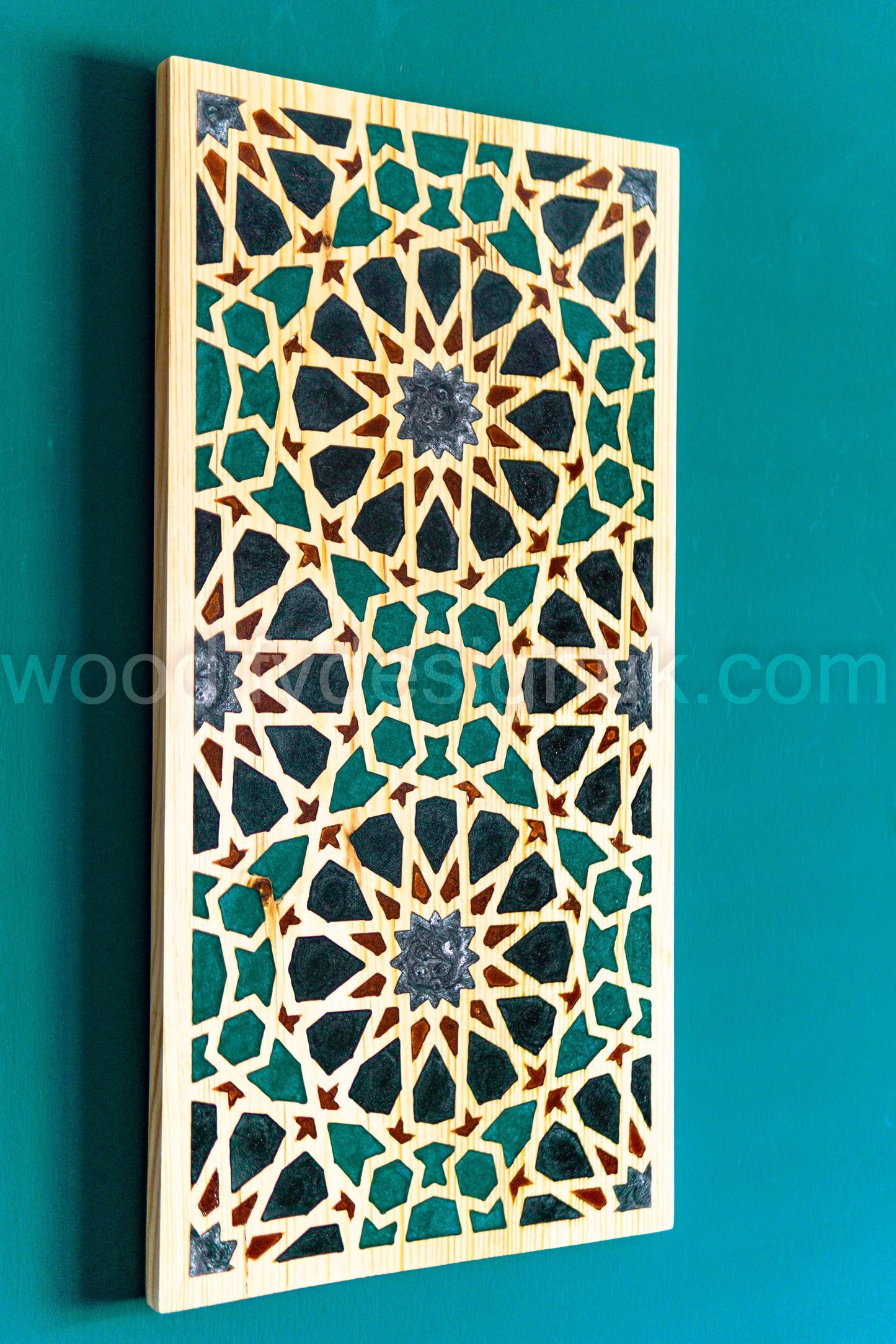 Moroccan Geometric Wall Art – Handmade Epoxy Inlay Panel - Resin Inlay Wood Art.