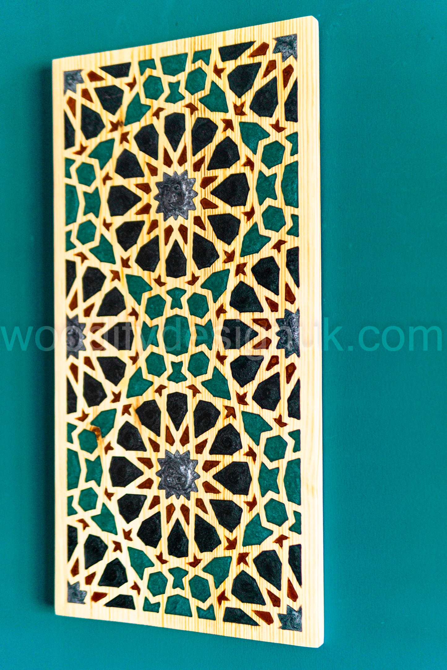 Moroccan Geometric Wall Art – Handmade Epoxy Inlay Panel - Resin Inlay Wood Art.