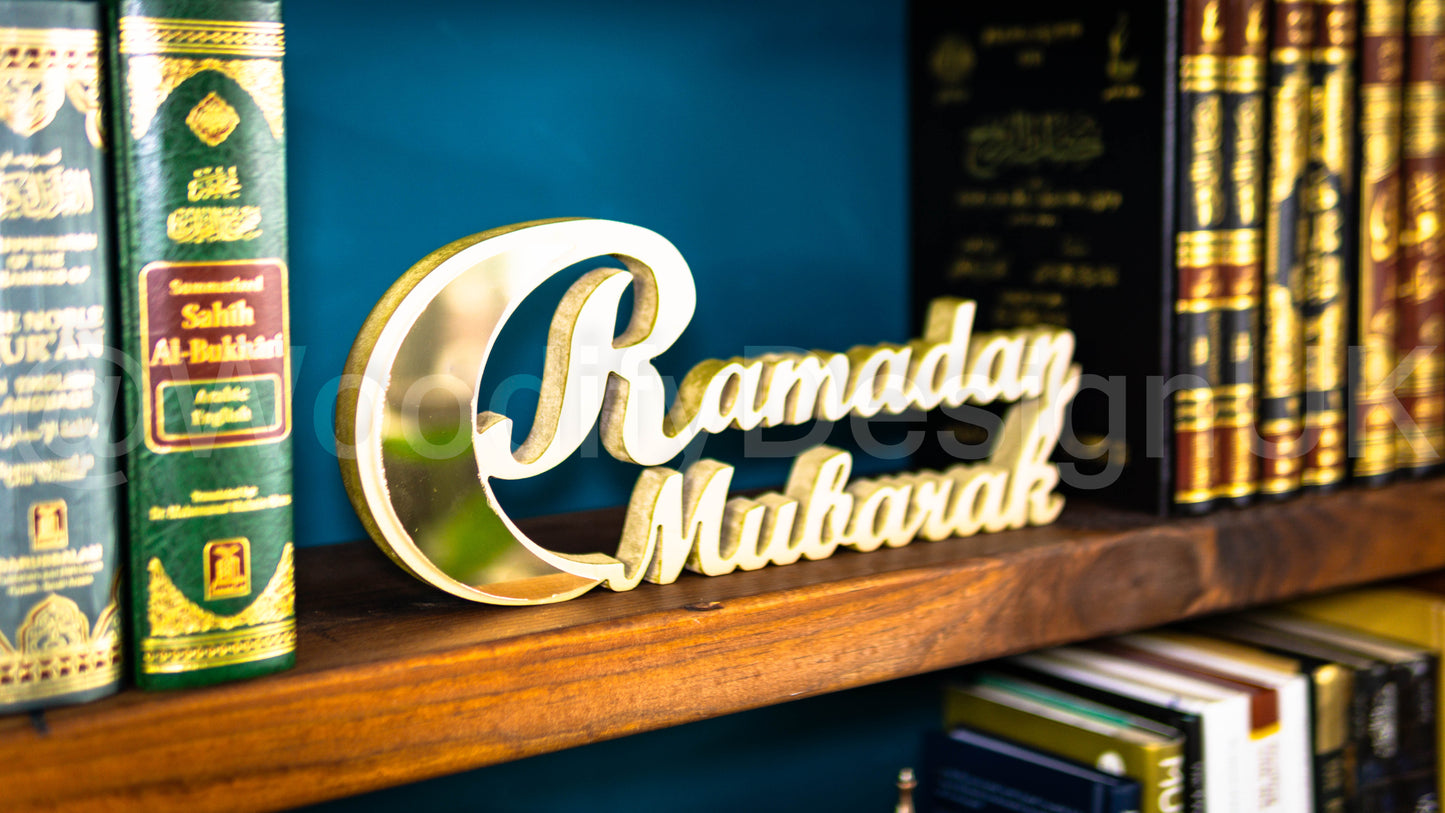 Elegant Ramadan Mubarak Wooden Crescent Decoration