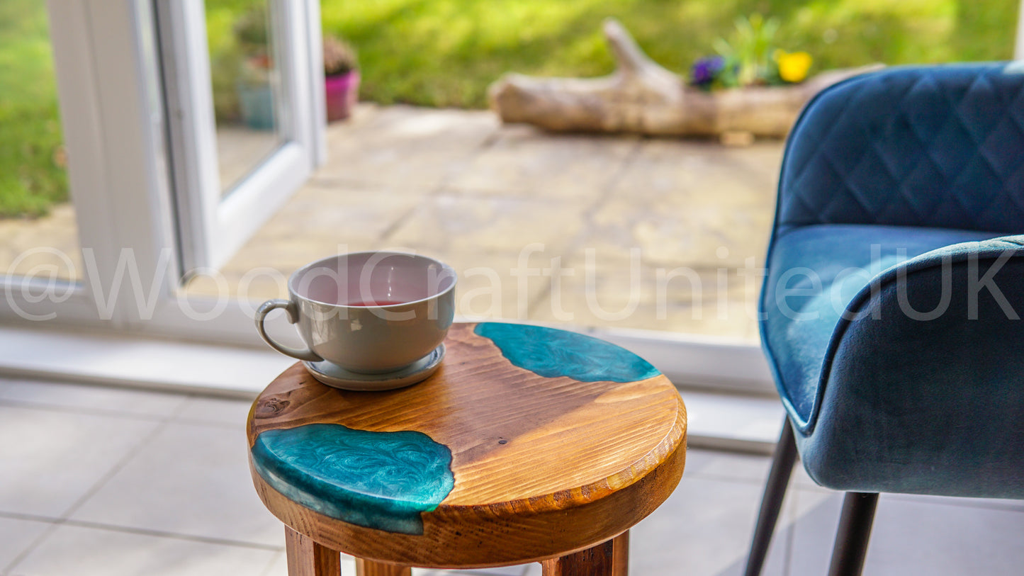 Artistic Round Epoxy Resin and Wood Side Table