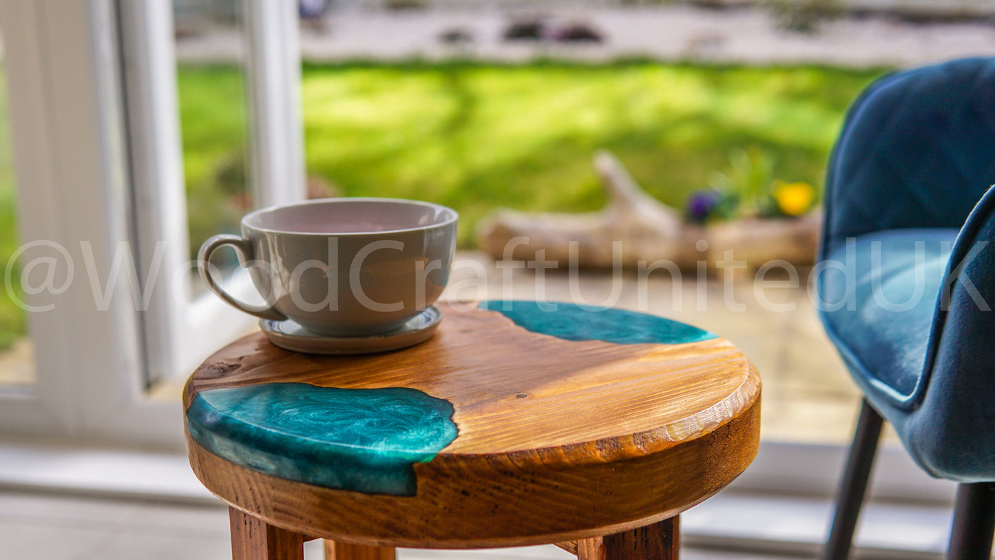 Artistic Round Epoxy Resin and Wood Side Table