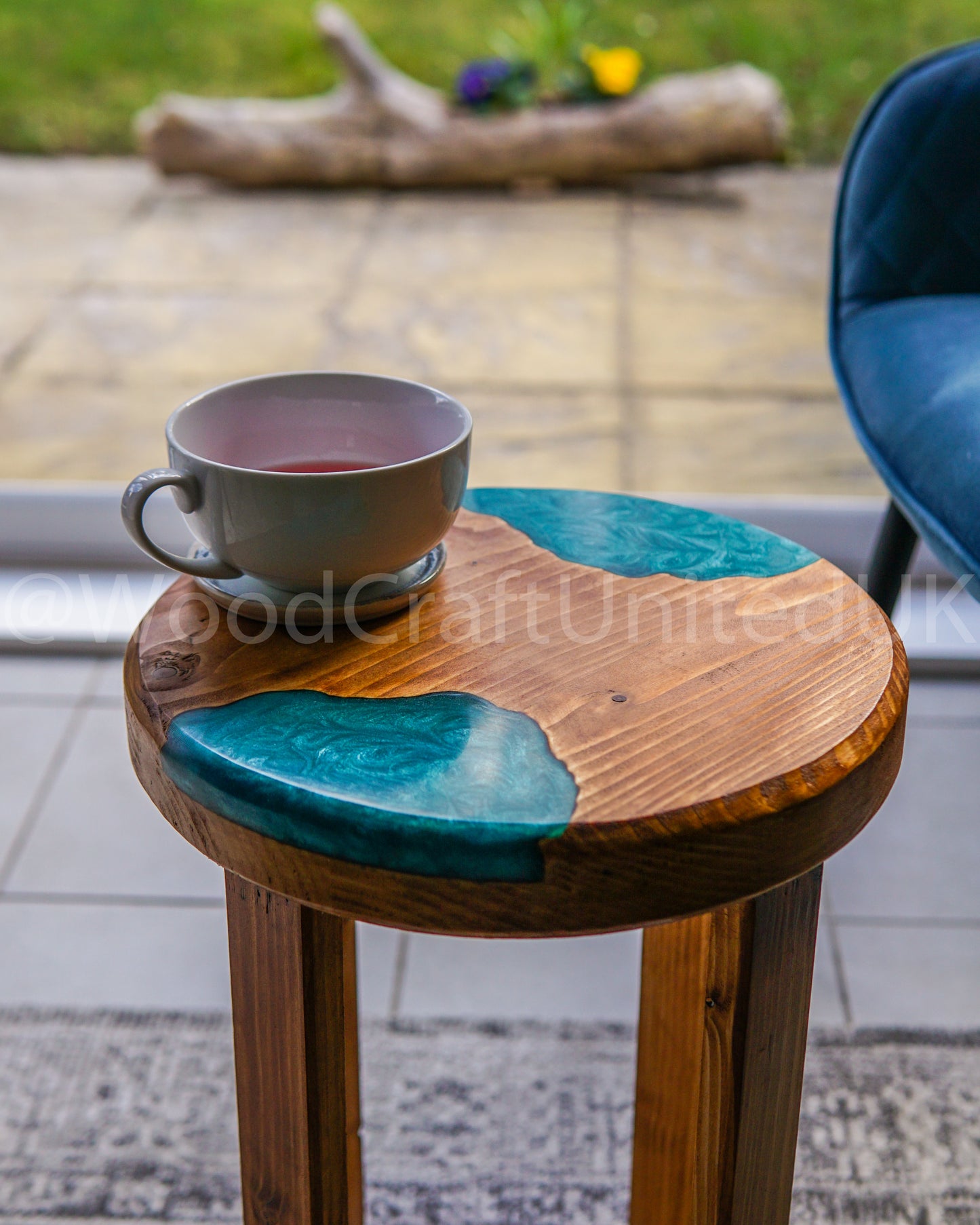 Artistic Round Epoxy Resin and Wood Side Table