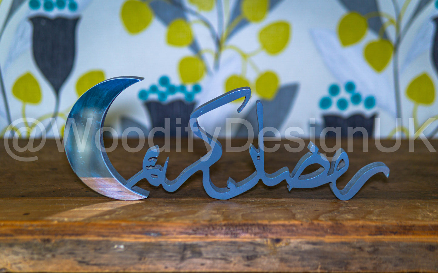 Elegant Ramadan Kareem Wooden Crescent Decoration in Arabic